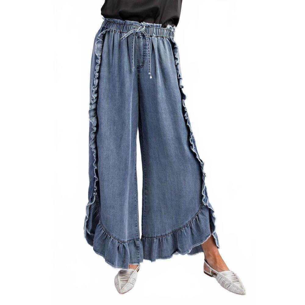 NEW EASEL plus size ruffle chambray pants in washed denim - Picture 4 of 5